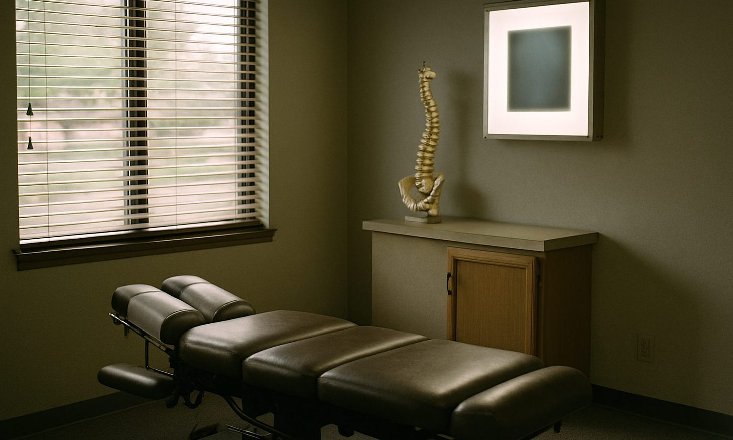 A small chiropractic exam room with morning light through blinds, an adjustable treatment table, a spine model on the counter and a lightbox on the wall