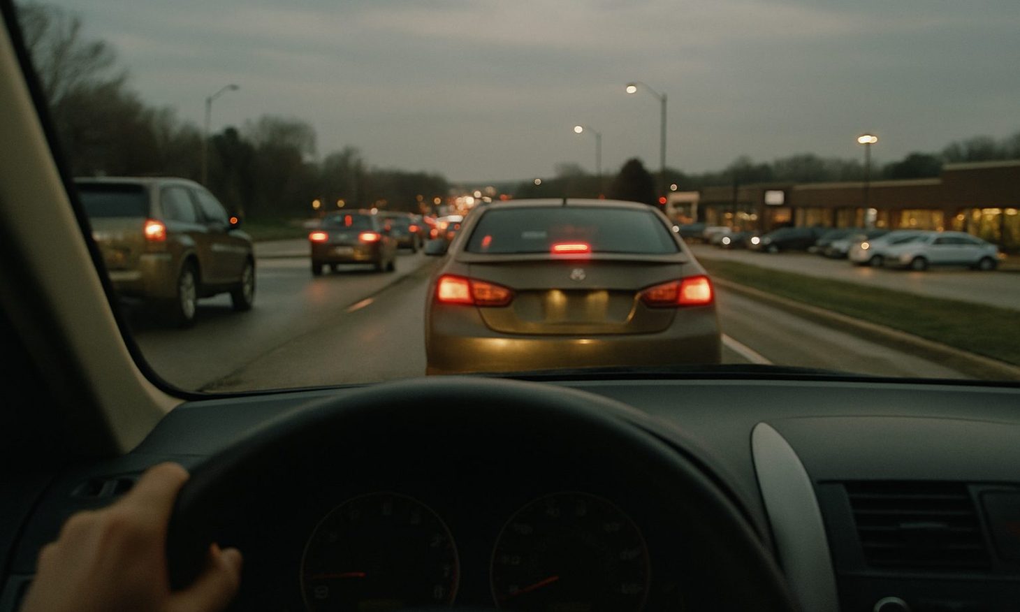 View through a windshield of slow commuter traffic on a four-lane suburban highway at dusk, brake lights glowing ahead