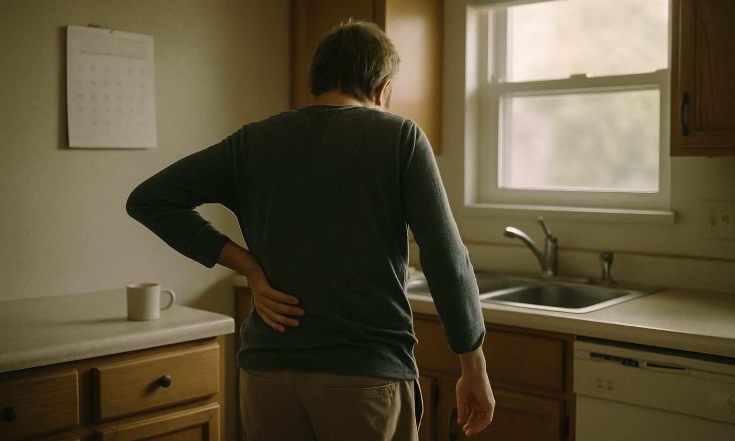A person seen from behind in a quiet kitchen at seven in the morning, one hand pressed to the small of the back, a coffee mug and wall calendar nearby