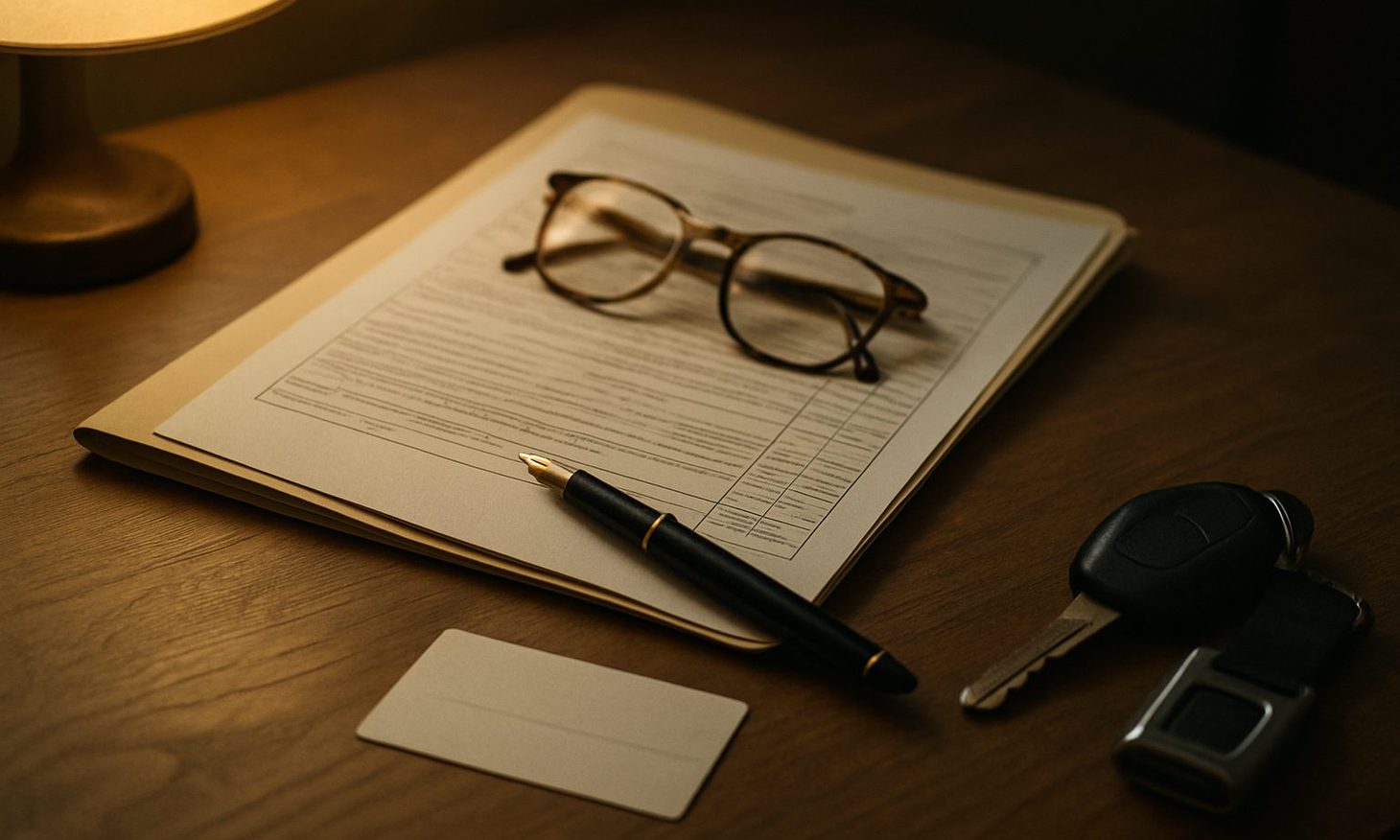 A wooden desk under a warm lamp with a folder of clinic paperwork, a fountain pen, reading glasses, an appointment card, and a car key