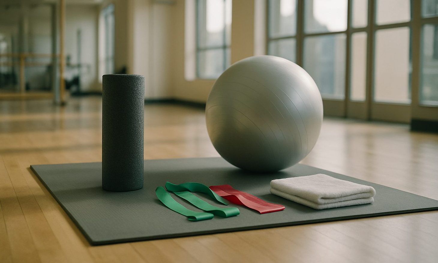 A bright rehabilitation gym floor with a foam roller, a large exercise ball, resistance bands and a folded towel laid out on a grey mat