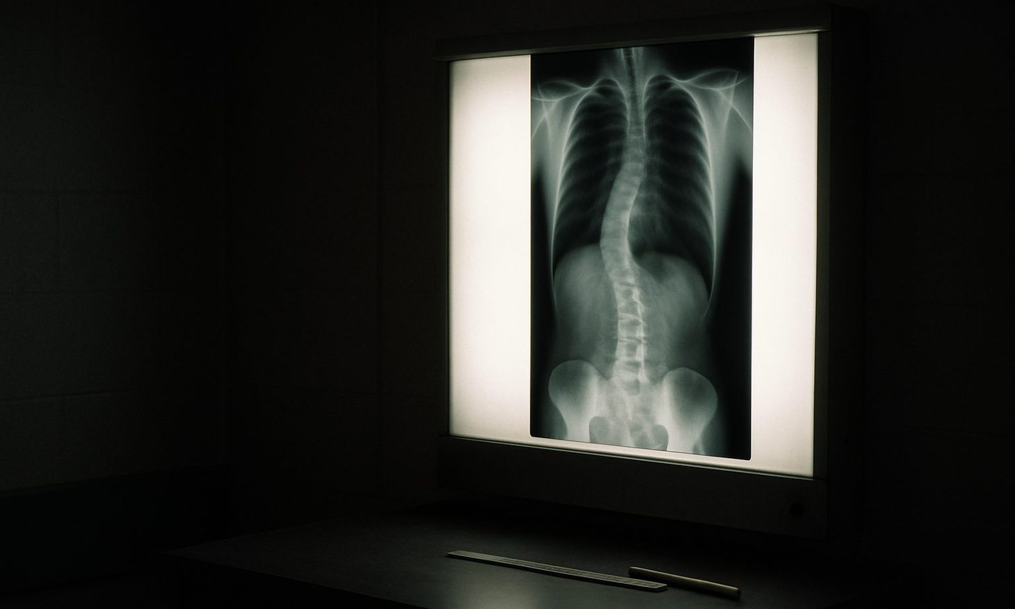 A dim reading room with a lightbox showing a full-spine radiograph with a gentle S-shaped curve, a ruler and grease pencil resting beneath it